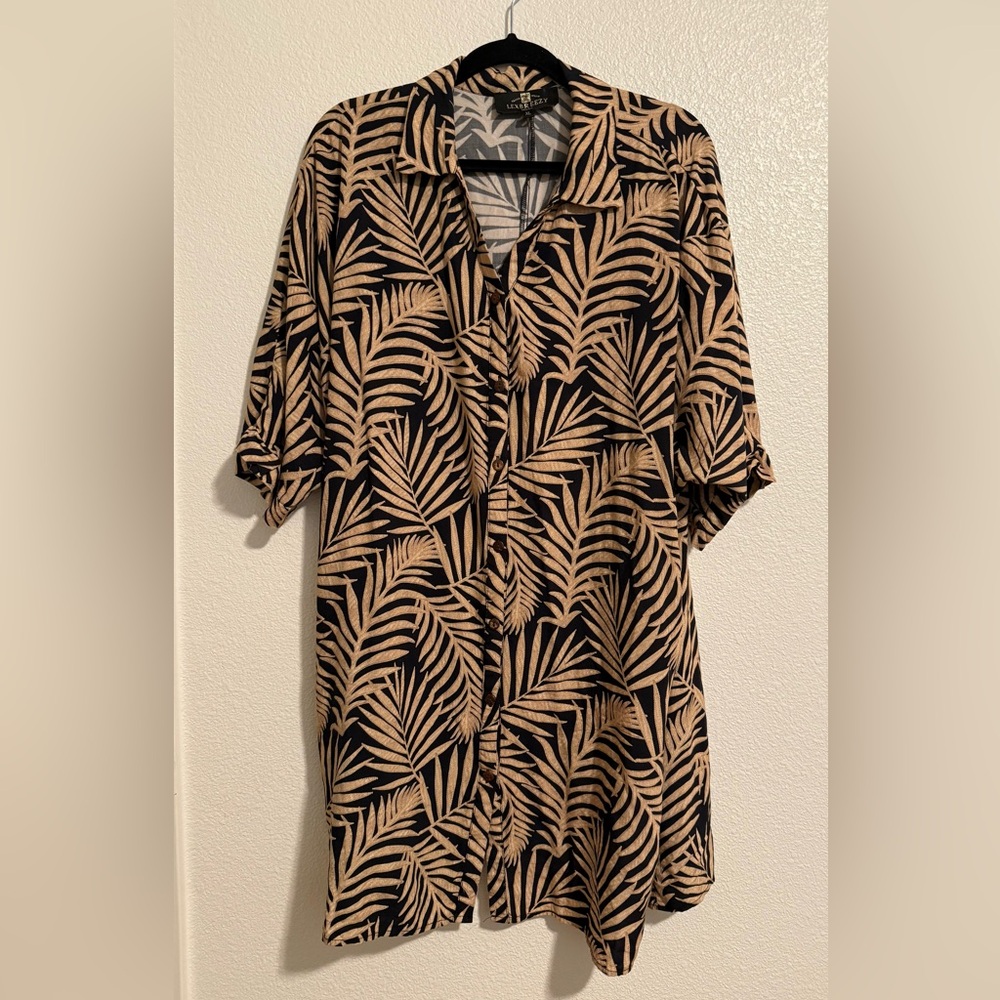 Lexbreezy Black and Tan palm print button down dress